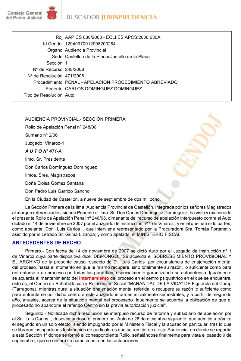 Auto Audiencia Provincial De Castellón De 9 De Septiembre De 2008