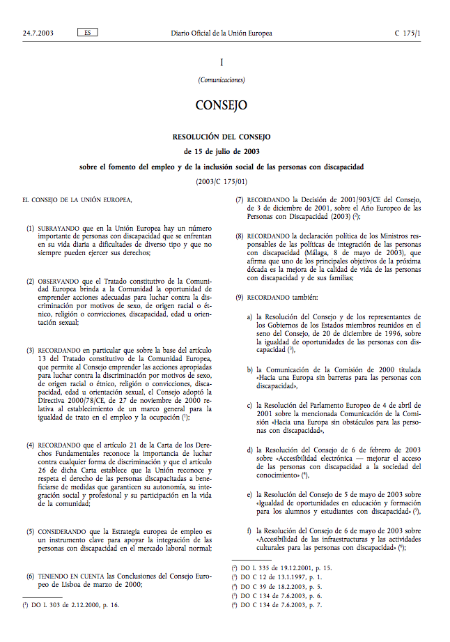 Resolución Del Consejo De 15 Julio 2003 Sobre El Fomento Del Empleo Y De La Inclusión Social De Las Personas Con Discapacidad