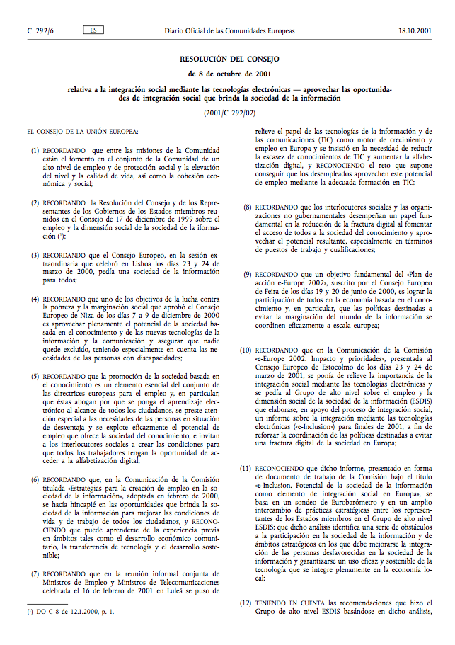 Resolución Del Consejo De 8 Octubre 2001 Relativa A La Integración Social Mediante Las Tecnologías Electrónicas (2001/C 292/02)