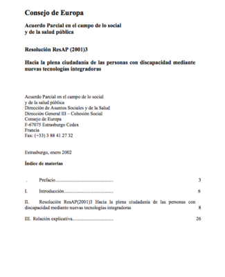 Resolución ResAP (2001)3 De Comité De Ministros Consejo De Europa – Hacia Plena Ciudadanía De Personas Con Discapacidad Mediante Nuevas Tecnologías Integradoras