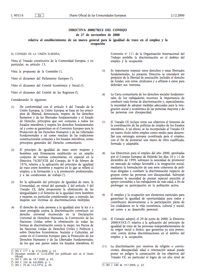 Directiva 2000/78 CE Consejo 27 Noviembre 2000 Relativa Al Establecimiento De Marco General Para Igualdad De Trato En El Empleo Y La Ocupación