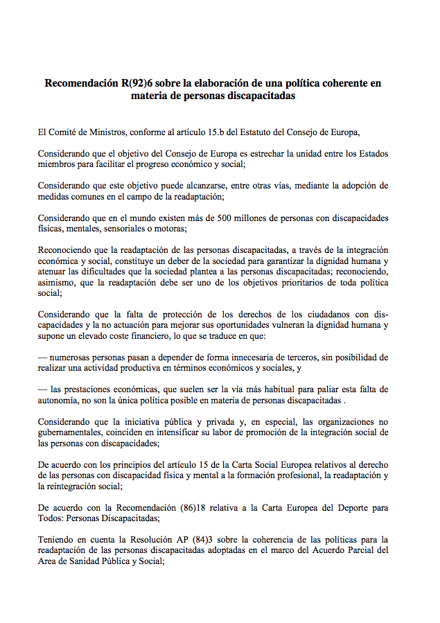 Recomendación Nº 92 (1992) Del Consejo De Europa Sobre La Elaboración De Política Coherente En Materia De Personas Discapacitadas