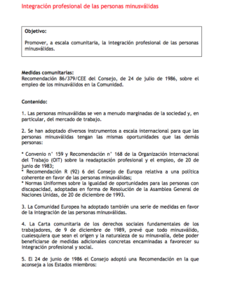 Recomendación 86/379/CEE Del Consejo De 24 Julio 1986 Sobre El Empleo De Las Personas Con Discapacidad En La Comunidad