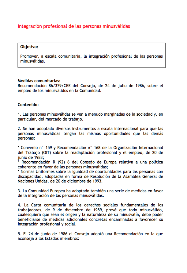 Recomendación 86/379/CEE Del Consejo De 24 Julio 1986 Sobre El Empleo De Las Personas Con Discapacidad En La Comunidad