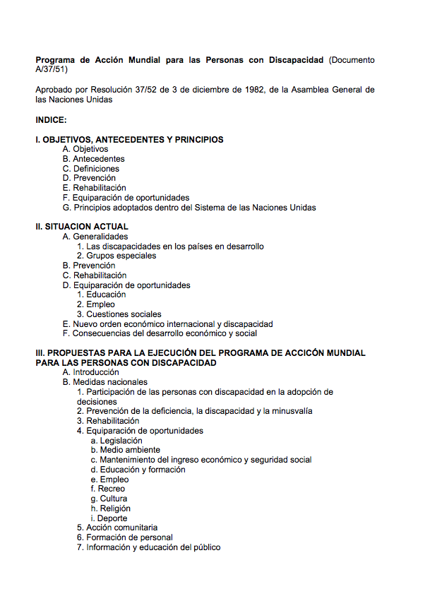 Programa De Acción Mundial Para Las Personas Con Discapacidad – Resolución 37/52 De La Asamblea General, De 3 De Diciembre De 1982