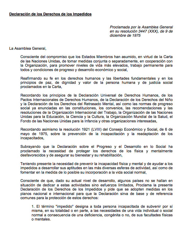 Declaración De Los Derechos De Los Impedidos, Resolución 3447 De La Asamblea General, De 9 Diciembre 1975