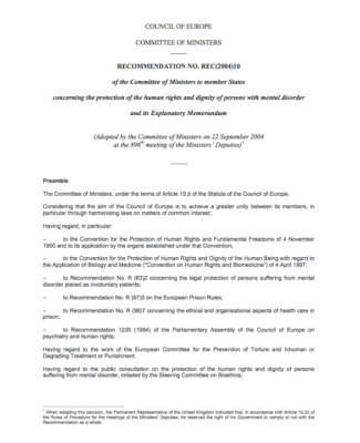 Recomendación Sobre Protección De Derechos Humanos Y Dignidad De Personas Con Trastornos Mentales – 2004