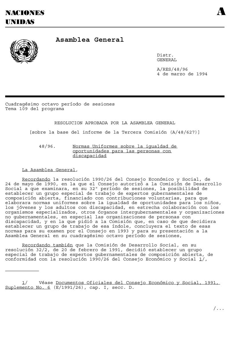 Normas Uniformes ONU Sobre Igualdad De Oportunidades Para Personas Con Discapacidad 1994