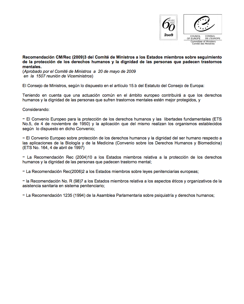 Recomendación Comité De Ministros Sobre Protección De Derechos Humanos Y Dignidad De Personas Que Padecen Trastornos Mentales – 2009