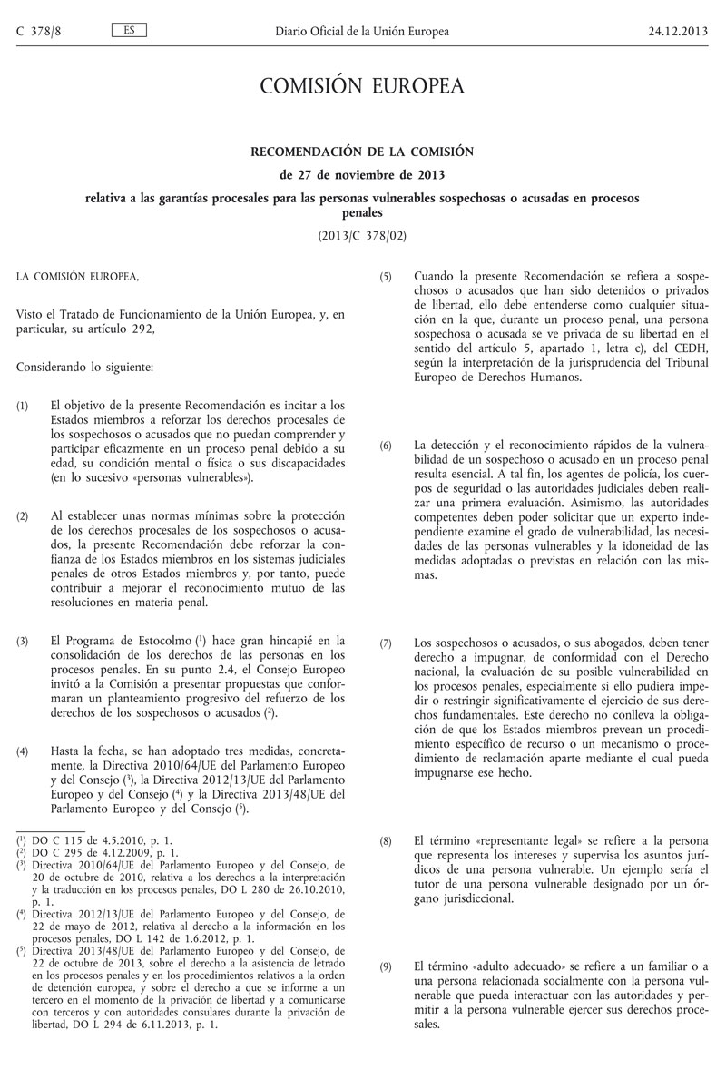 Recomendación Comisión Europea Garantías Procesales Para Personas Vulnerables Acusadas En Procesos – 27 Noviembre 2013