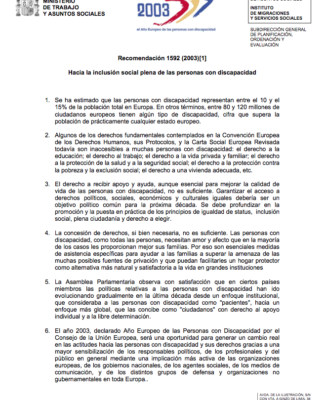 Recomendación Nº 1592, Del Consejo De Europa, Hacia Una Inclusión Social Plena De Las Personas Con Discapacidad – 2003