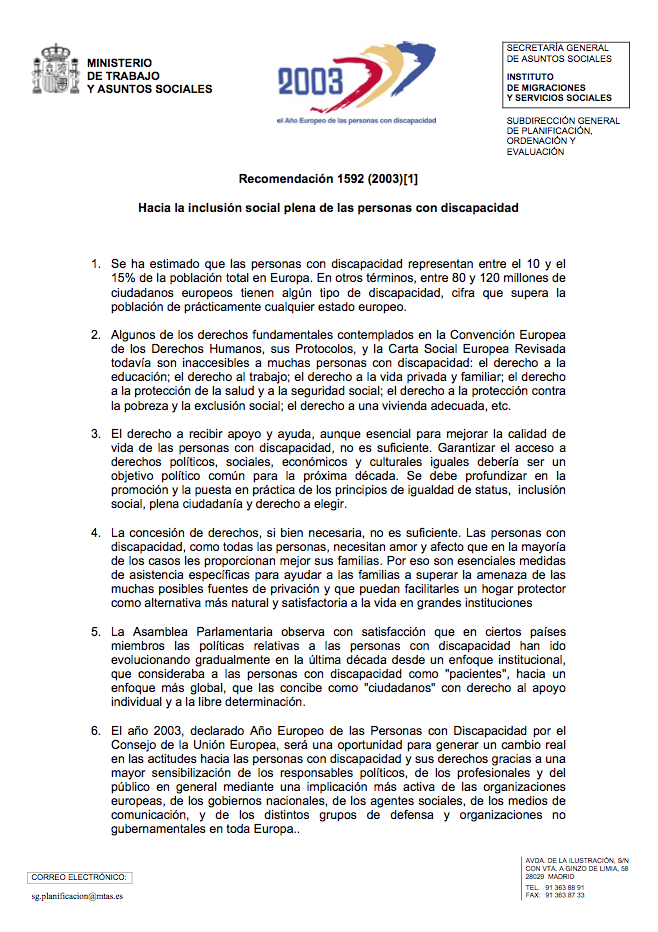 Recomendación Nº 1592, Del Consejo De Europa, Hacia Una Inclusión Social Plena De Las Personas Con Discapacidad – 2003