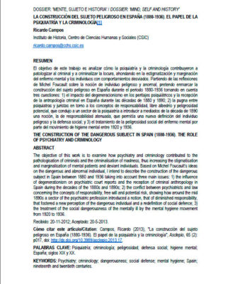 La Construcción Del Sujeto Peligroso En España (1880-1936). El Papel De La Psiquiatría Y La Criminología