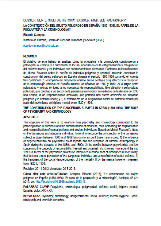 La Construcción Del Sujeto Peligroso En España (1880-1936). El Papel De La Psiquiatría Y La Criminología