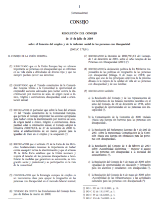 Resolución Del Consejo De 15 Julio 2003 Sobre El Fomento Del Empleo Y De La Inclusión Social De Las Personas Con Discapacidad