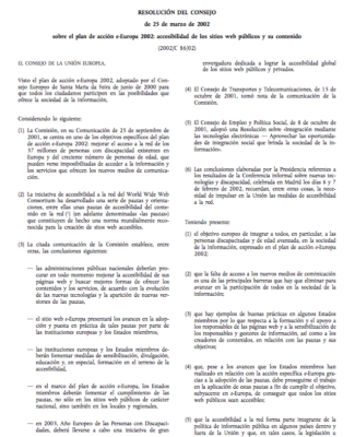 Resolución Consejo 25 Marzo 2002 Sobre Plan De Acción E-Europa 2002: Accesibilidad De Sitios Web Públicos Y Su Contenido (2002/C 86/02)