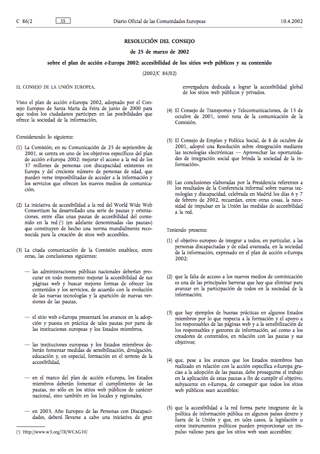 Resolución Consejo 25 Marzo 2002 Sobre Plan De Acción E-Europa 2002: Accesibilidad De Sitios Web Públicos Y Su Contenido (2002/C 86/02)