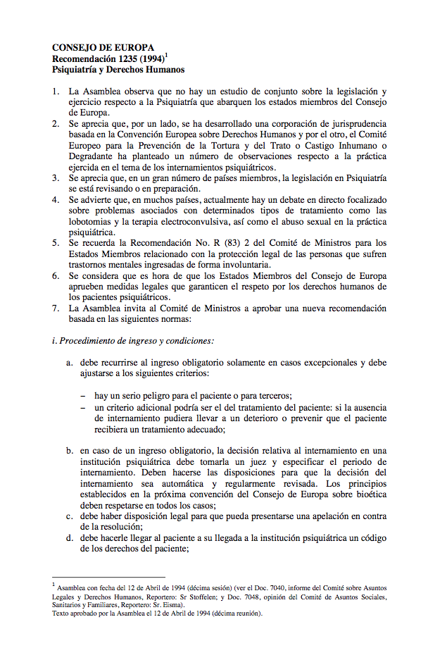 Recomendación 1235 (1994) Sobre Psiquiatría Y Derechos Humanos