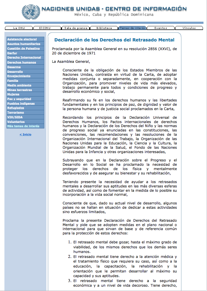 Declaración De Los Derechos Del Retrasado Mental, Resolución 2856 (XXVI) De La Asamblea General, De 20 Diciembre 1971