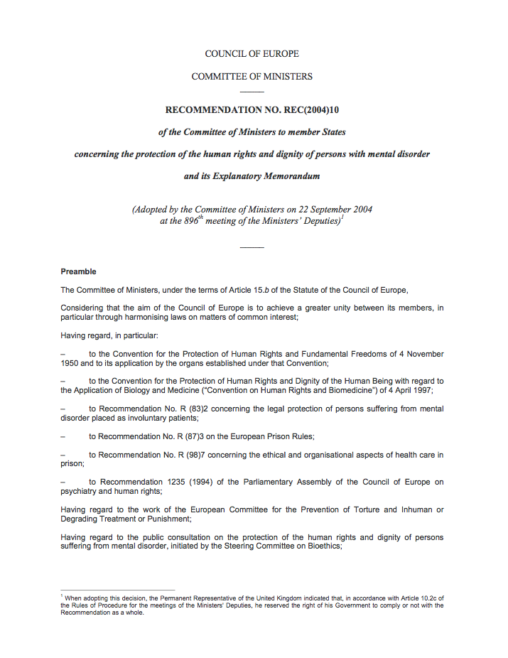 Recomendación Sobre Protección De Derechos Humanos Y Dignidad De Personas Con Trastornos Mentales – 2004