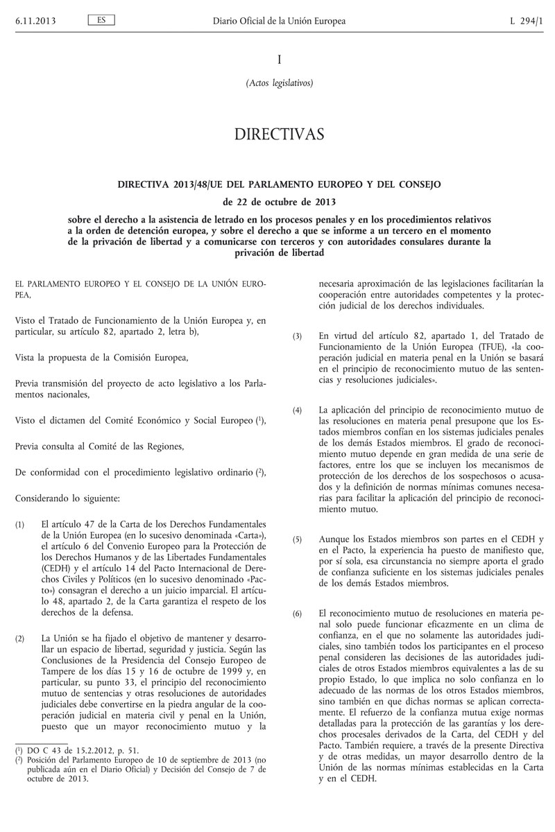 Directiva 2013_48_UE Defensa En Información Al Sujeto Pasivo En Los Procesos Penales