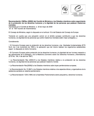 Recomendación Comité De Ministros Sobre Protección De Derechos Humanos Y Dignidad De Personas Que Padecen Trastornos Mentales – 2009