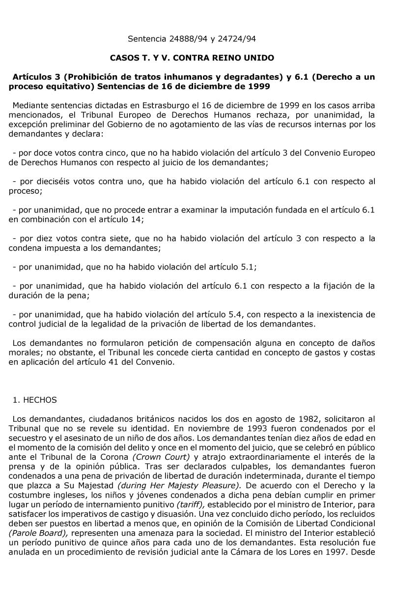 STEDH Caso T Y V Contra Reino Unido, De 16 De Diciembre De 1999