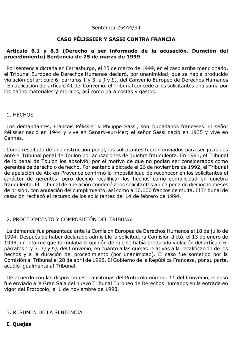 STEDH Caso Pelisser Y Sassi Contra Francia, 25 De Marzo De 1999